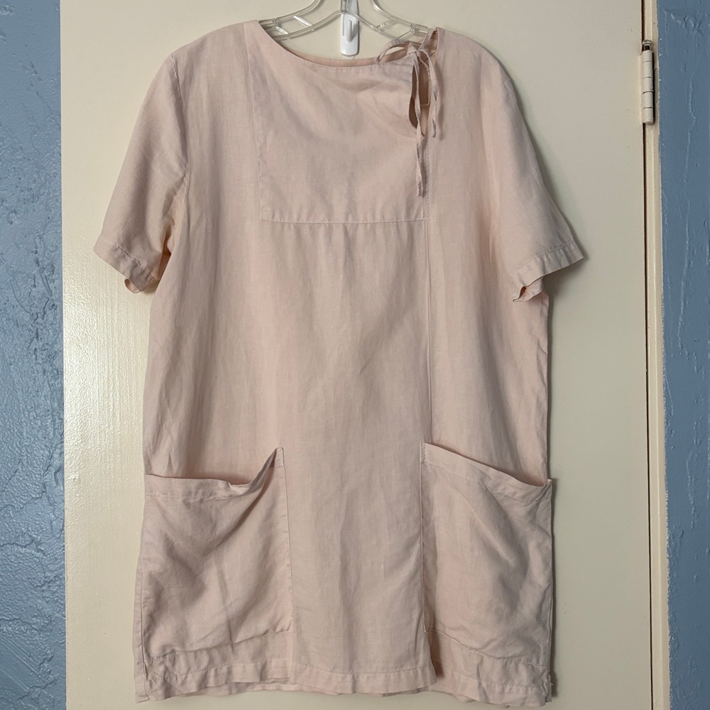 𝅺Lacausa Linen Blend Mini Beige Short Sleeve Dress,‎ Size M, Coastal Grandma